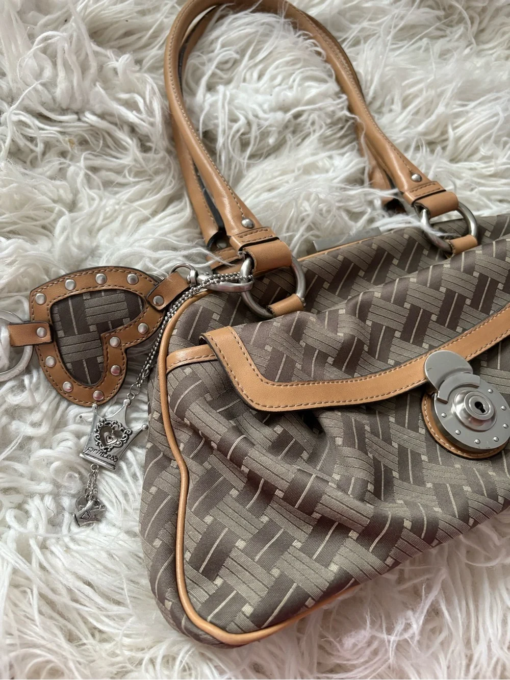 Vintage Nine West Y2K Brown Logo Frame Satchel Purse Charm